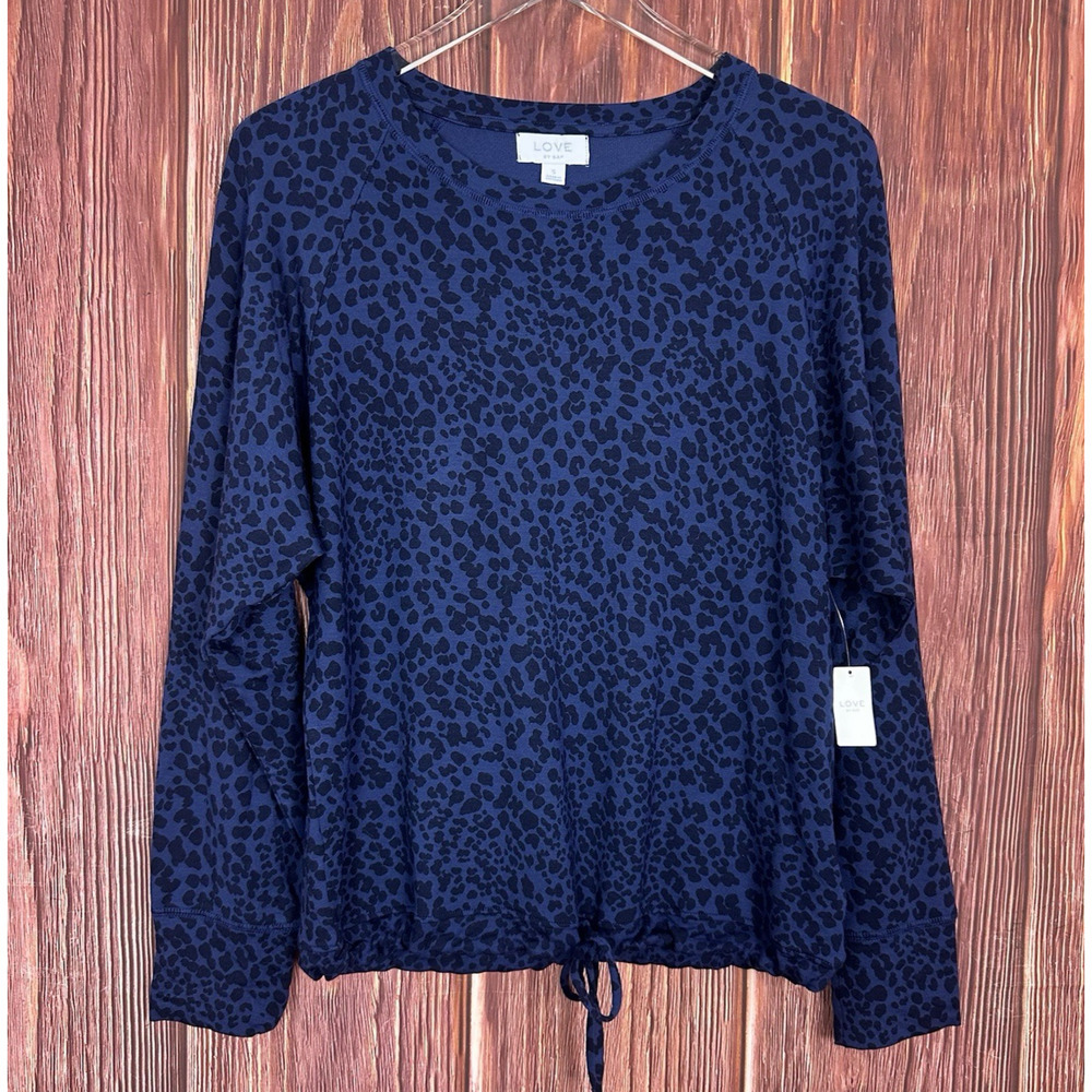 Women’s Love By Gap Long Sleeve Blue Cheetah Print Drawstring Top Small NWT